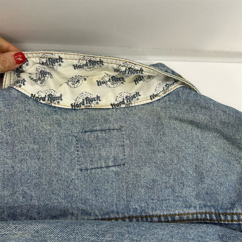 Vintage Hard Rock Cafe Orlando Unisex XL Blue Denim Bomber Jacket Music Flawed - Picture 16 of 16